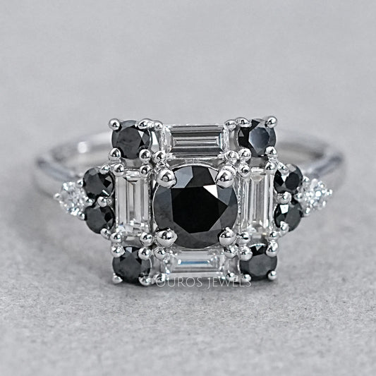 Black Round Cut Halo Baguette Diamond Ring Rings