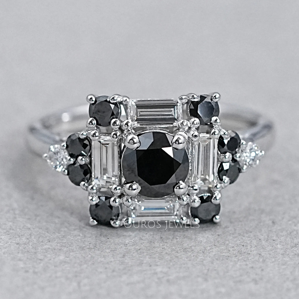 Black Round Cut Halo Baguette Diamond Ring Rings