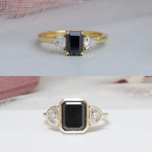 [Black Emerald Cut Three Stone Engagement Ring]-[Ouros Jewels]