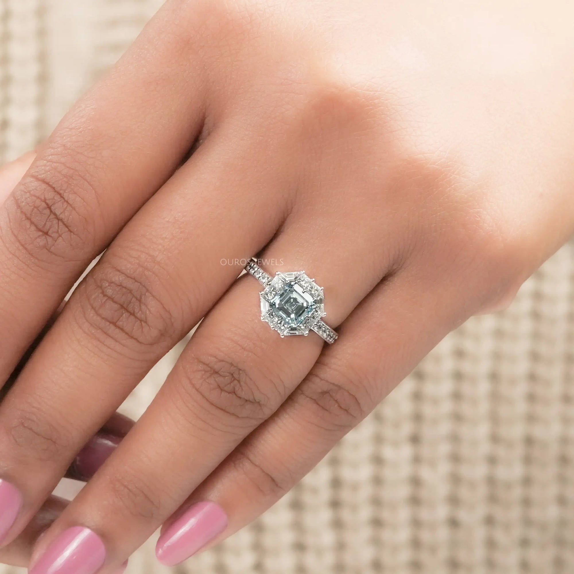 Fancy Blue Asscher Cut Halo With Accent Lab Diamond Ring Rings