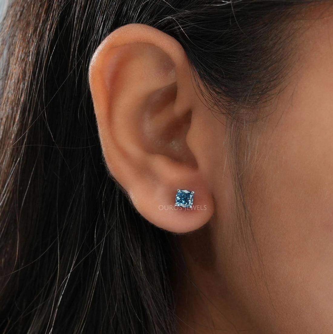 Blue Cushion Cut Lab Diamond Stud Earrings Earring