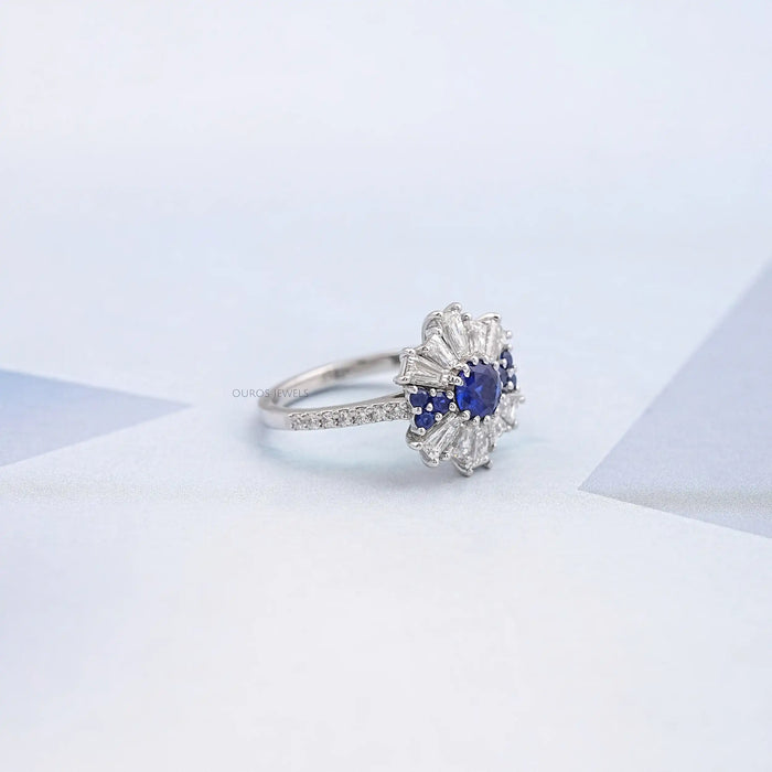 Sapphire Round And Tapered Baguette Diamond Cluster Ring