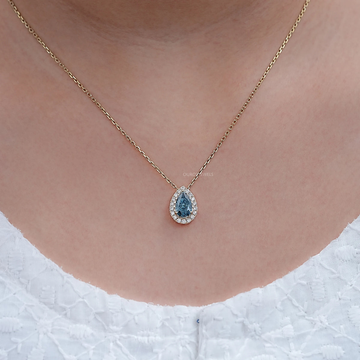 Blue Pear Lab Diamond Halo Pendant Necklaces