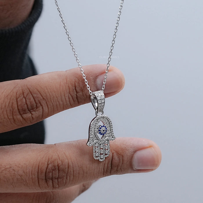 Sapphire And Lab Diamond Round Cut Hamsa Hand Men's Pendant Necklaces