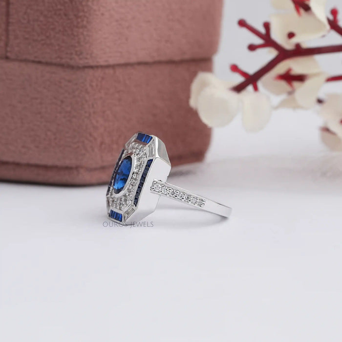 [Side View of Blue Oval Diamond Ring]-[Ouros Jewels]