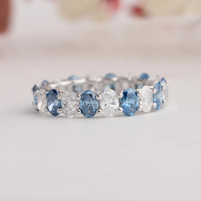 [Front View of Blue Oval Diamond Wedding Band]-[Ouros Jewels]