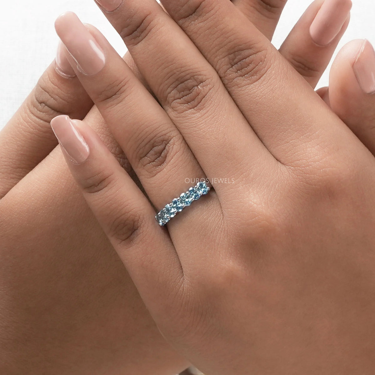 Pink and Blue Oval Seven Diamond Wedding Bands Ring