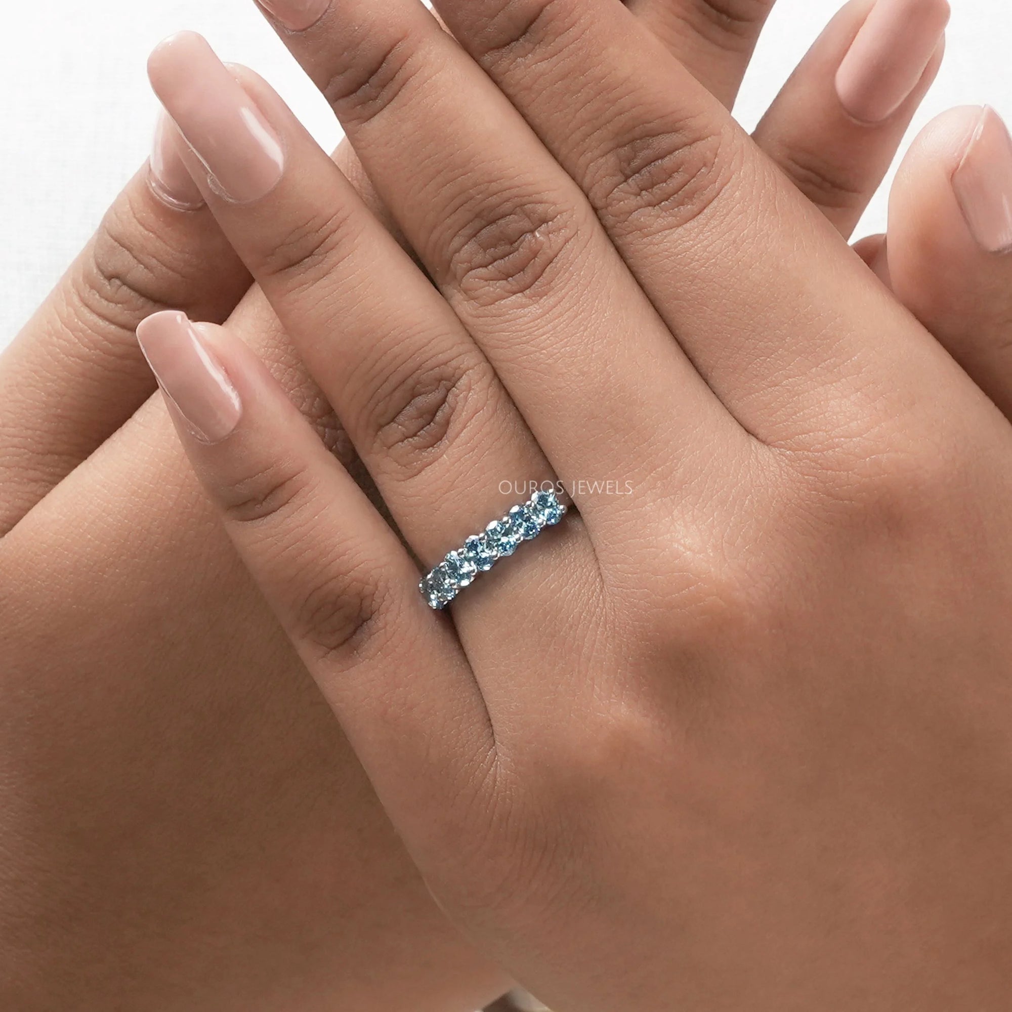 Pink and Blue Oval Seven Diamond Wedding Bands Ring