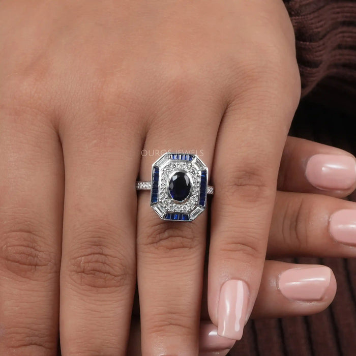[Blue Oval and Baguette Diamond Ring]-[Ouros Jewels]