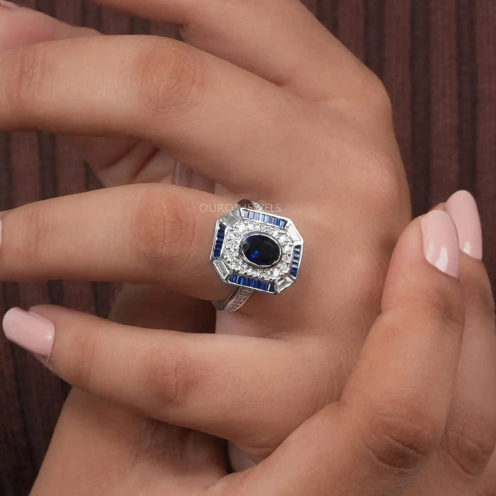 [A Women wearing Blue Oval Diamond Engagement Ring]-[Ouros Jewels]