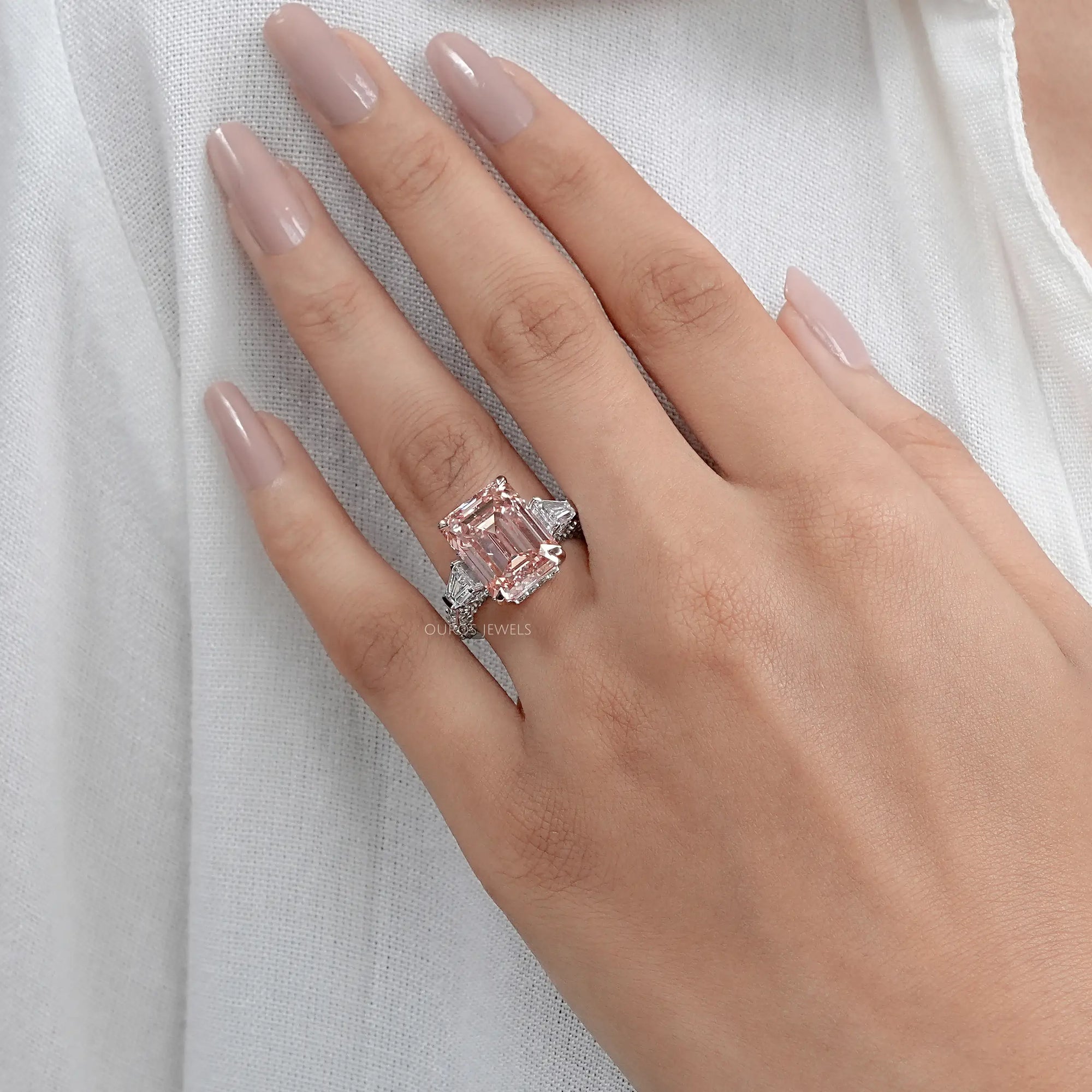 Pink Emerald Lab Diamond Three Stone Hidden Halo Ring Rings