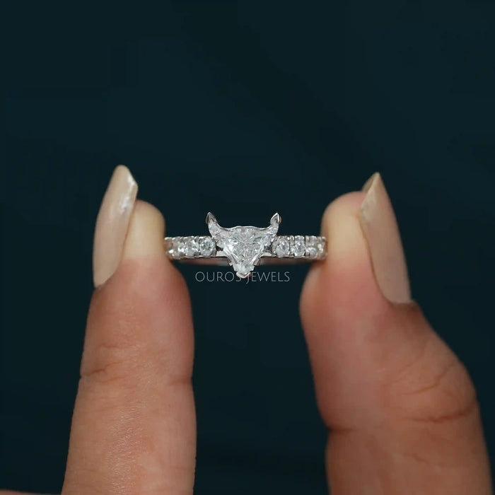 [A Women Holding Bull Cut Diamond Ring]-[Ouros Jewels]