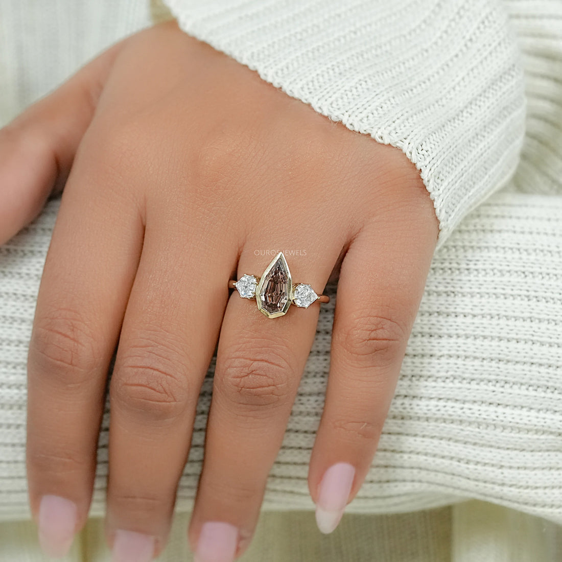 Trilogy Champagne Step Cut Pear Diamond Bezel Ring Ring