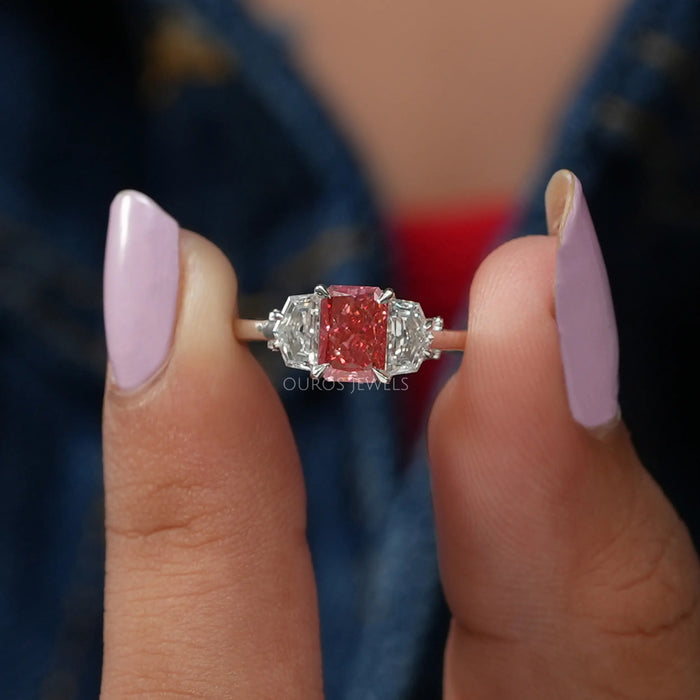 Brilliant Shine Of Pink Radiant Cut With Bullet Cut Three Stone Engagement Ring