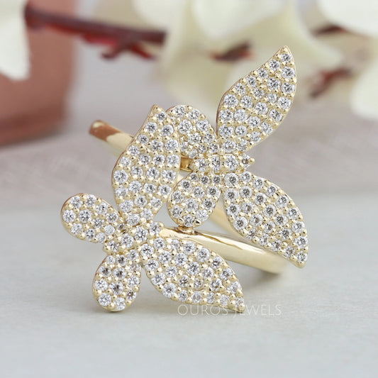 Butterfly Shape Round Cluster Diamond Bypass Set Engagement Ring