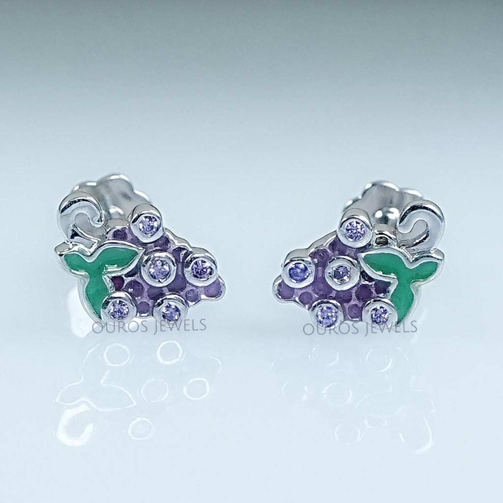 Purple Gemstone And Enamel Grape Earrings For Kids