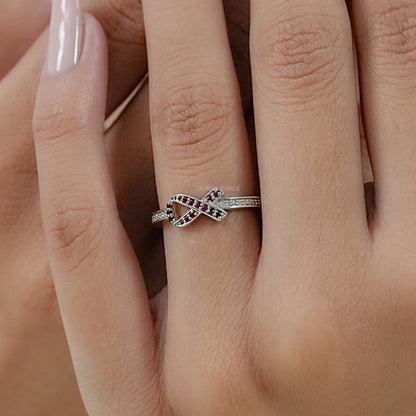 Red Round Gemstone Cancer Ribbon Ring