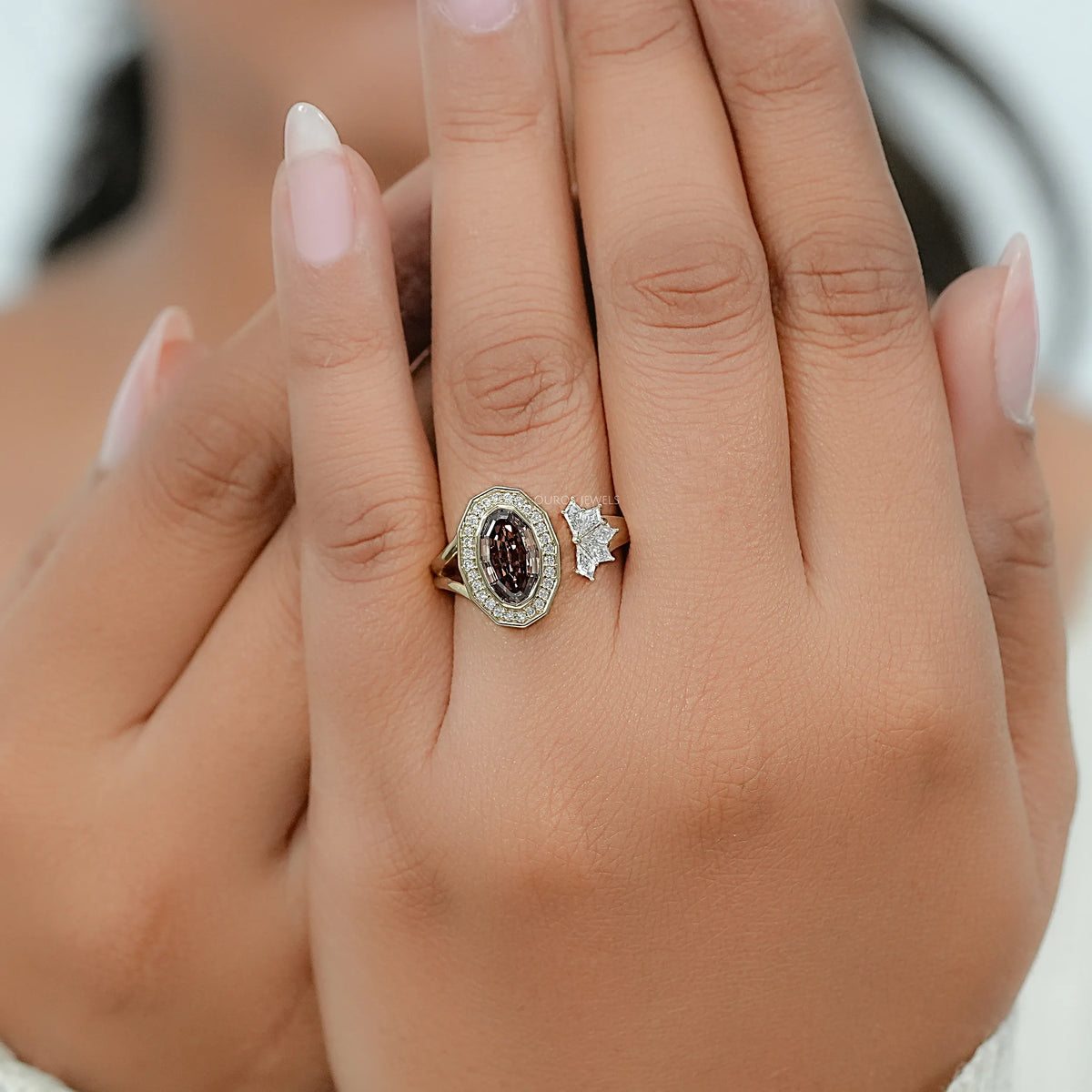 Champagne Step Cut Oval Diamond Halo Open Ring
