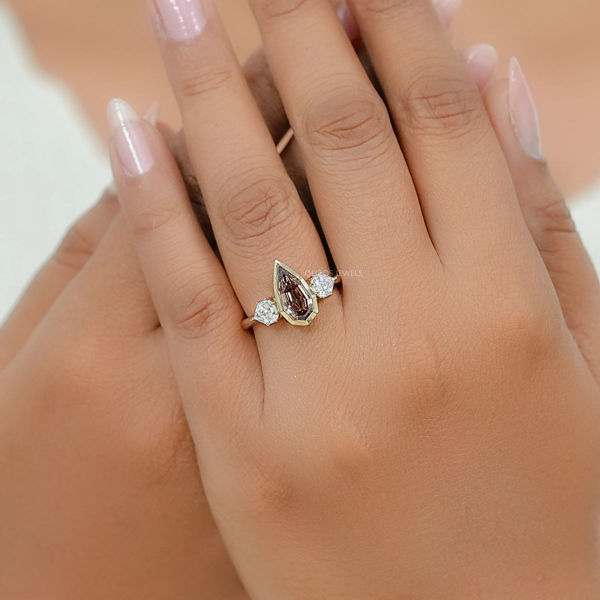 Trilogy Champagne Step Cut Pear Diamond Bezel Ring Ring