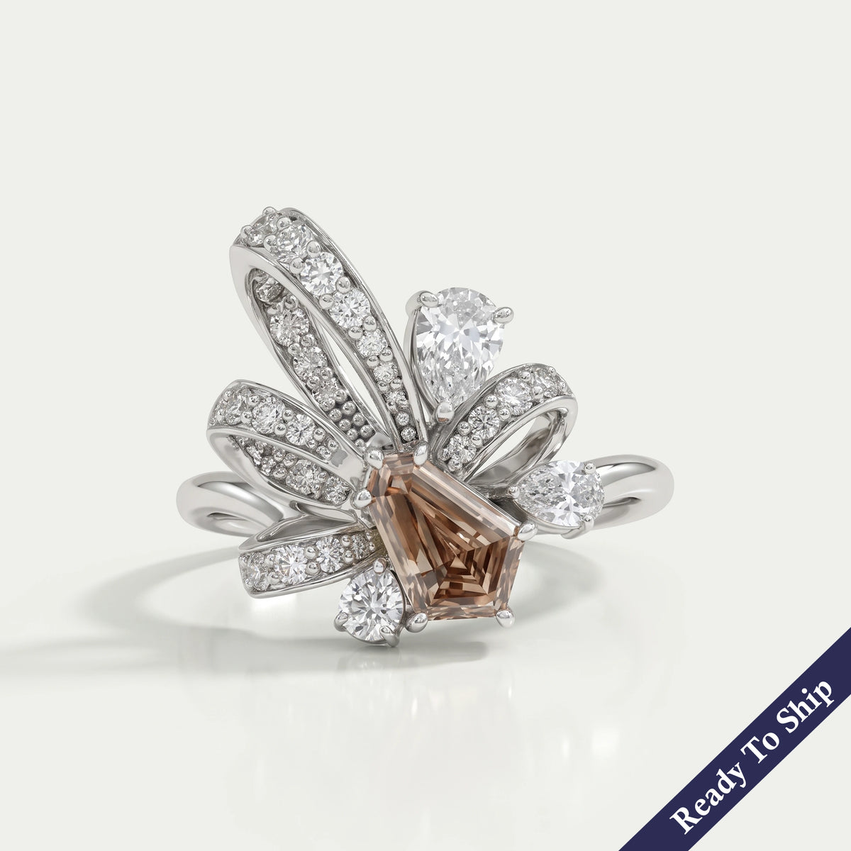 Champagne Step Cut Shield Diamond Floral Cocktail Ring Ring