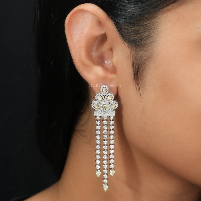 [A Womenw earing Chandelier Lab Grown Diamond Earrings]-[Ouros Jewels]