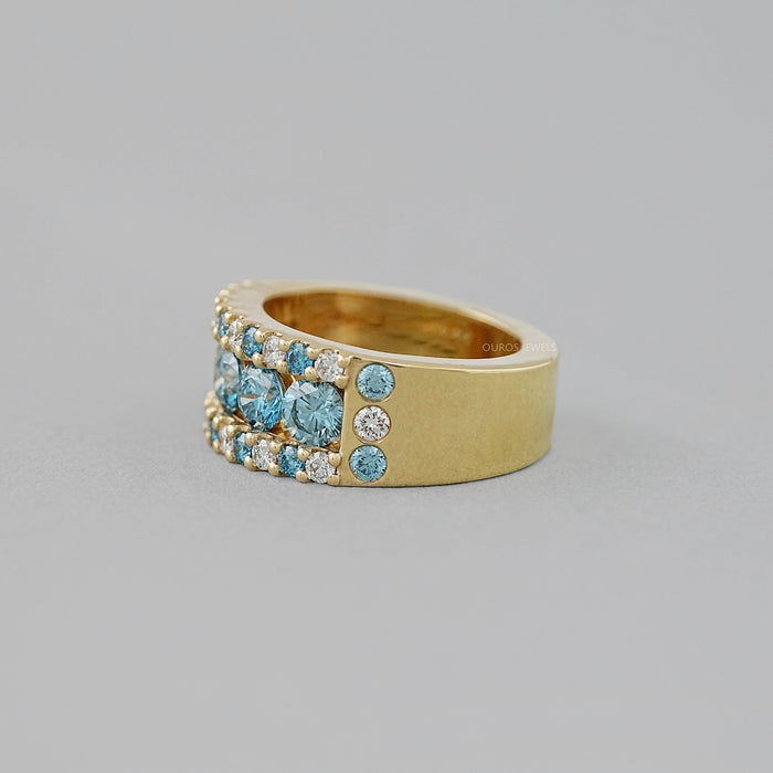 Blue And White Round Cut Lab Diamond Wide Band Rings