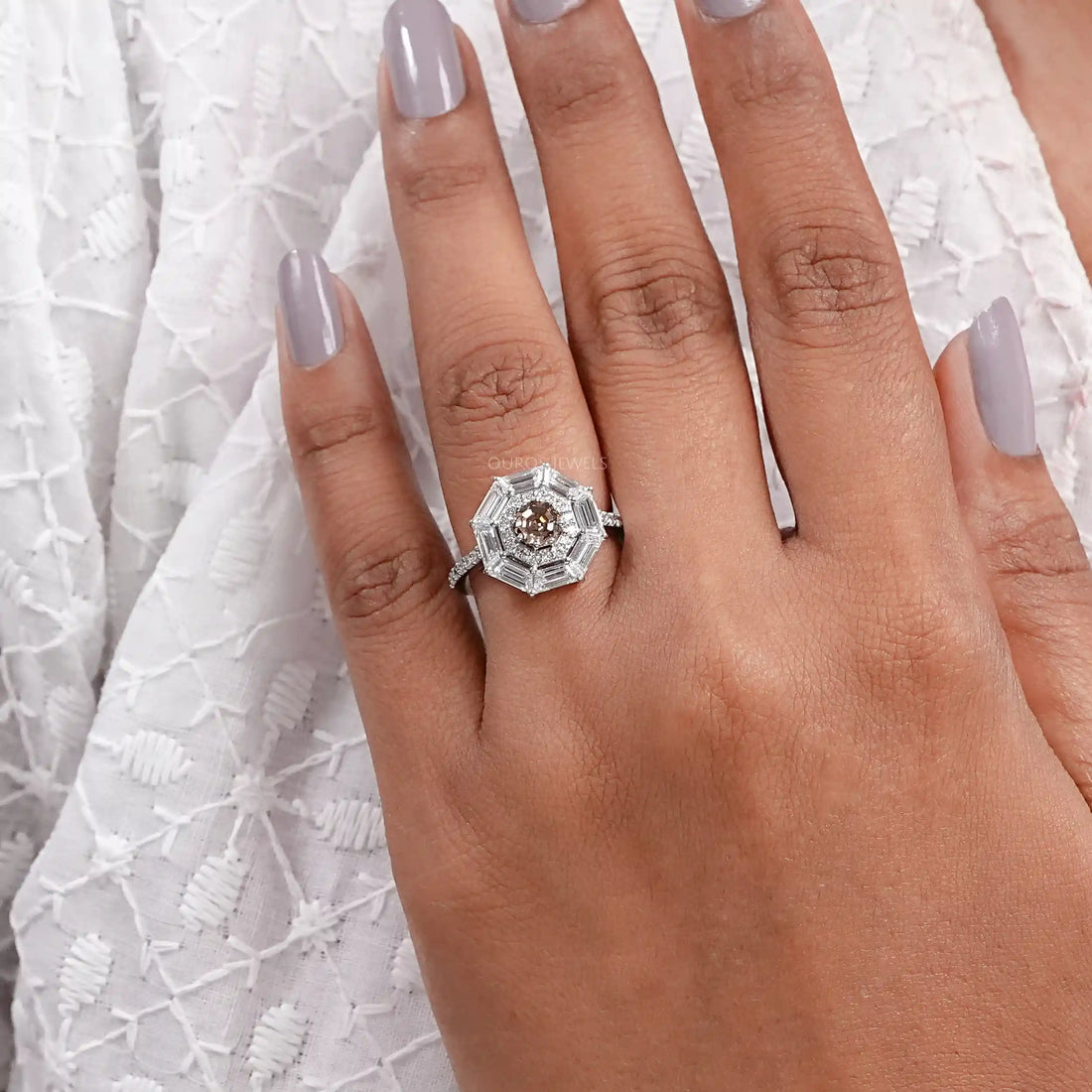 Octagon Champagne Diamond Double Halo Ring Rings