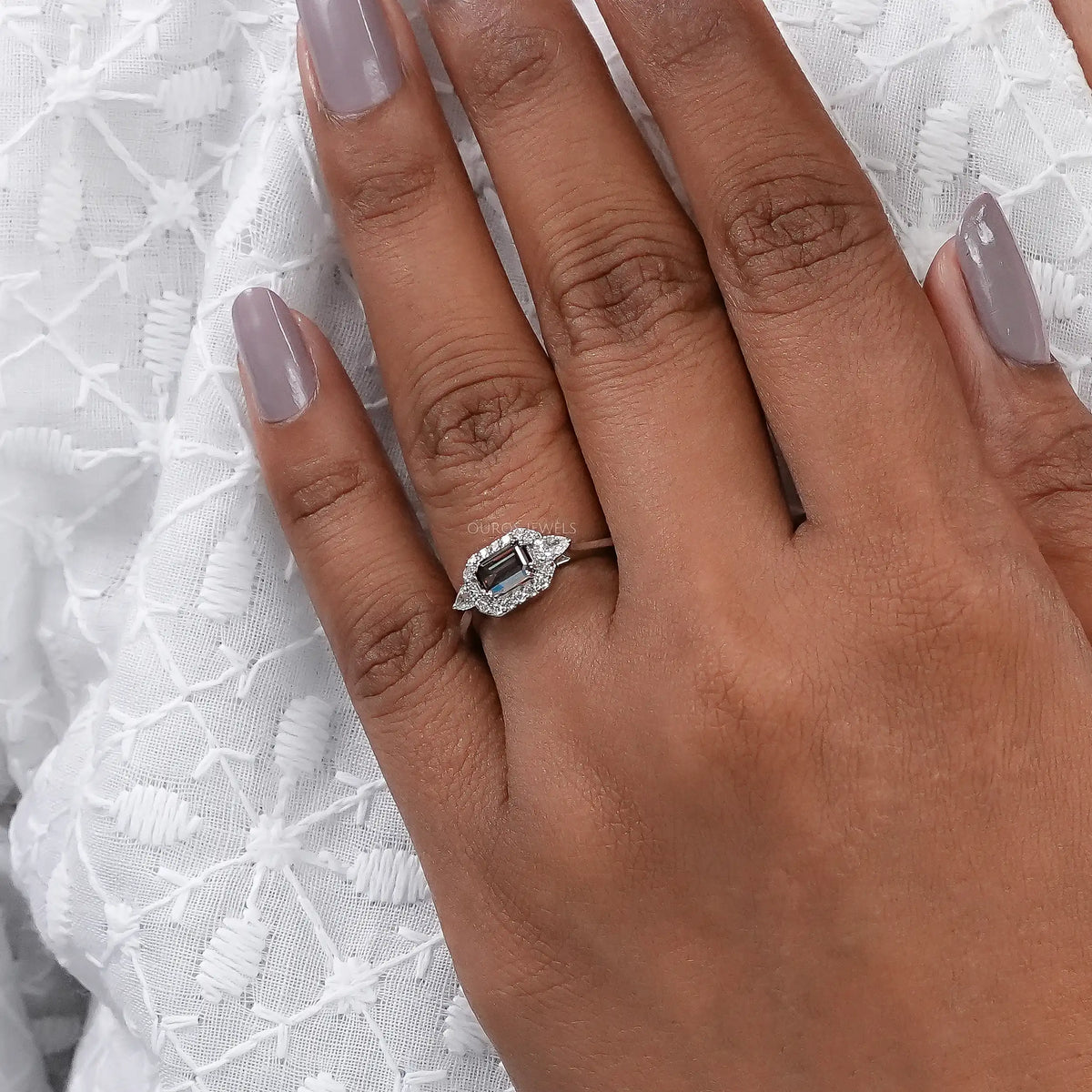 Champagne Emerald Shape Three Stone Engagement Ring Rings