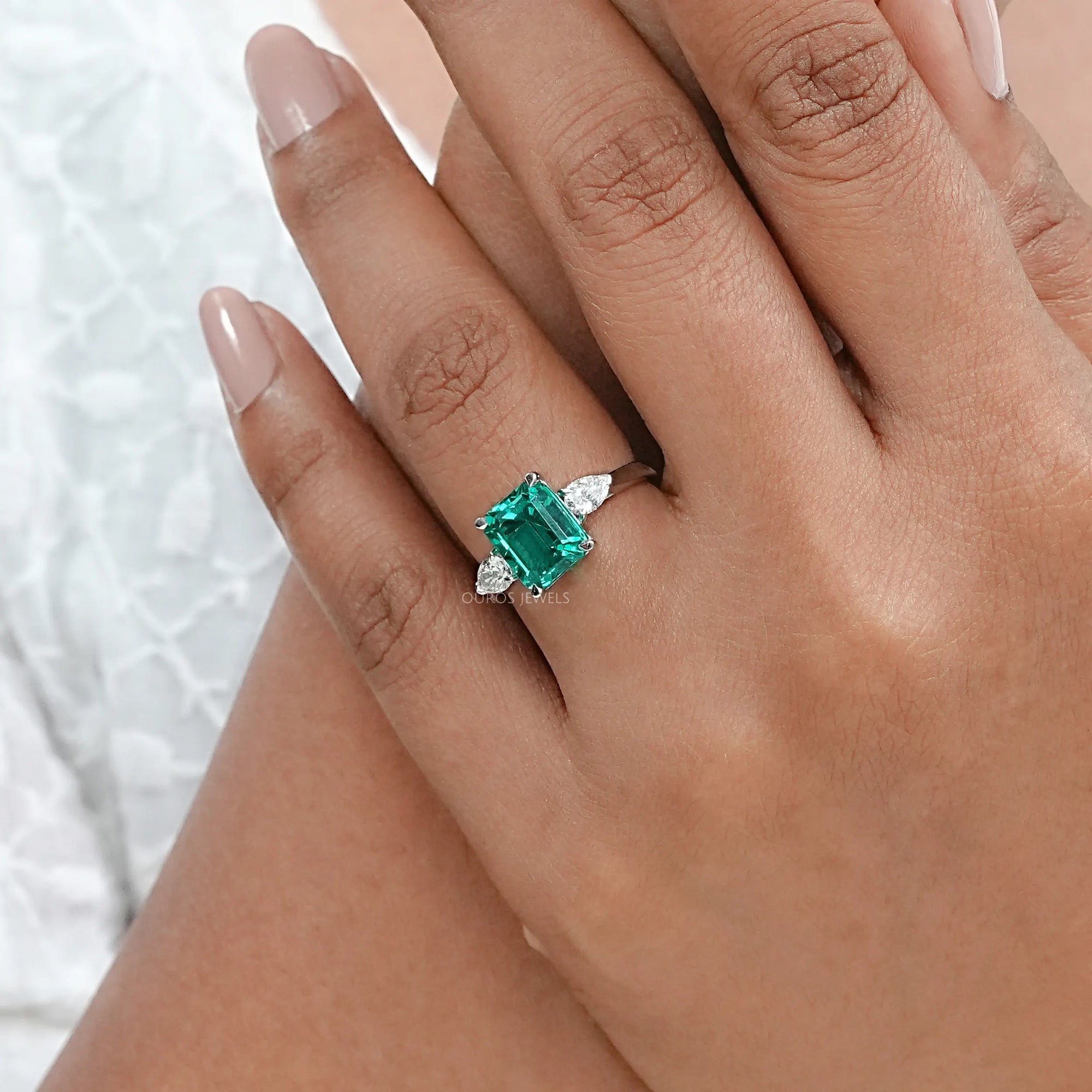 Emerald Gemstone Three Stone Ring Ring