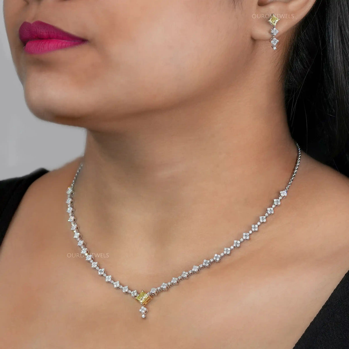 Princess And Round Cut Cluster Diamond Necklace Set Necklaces