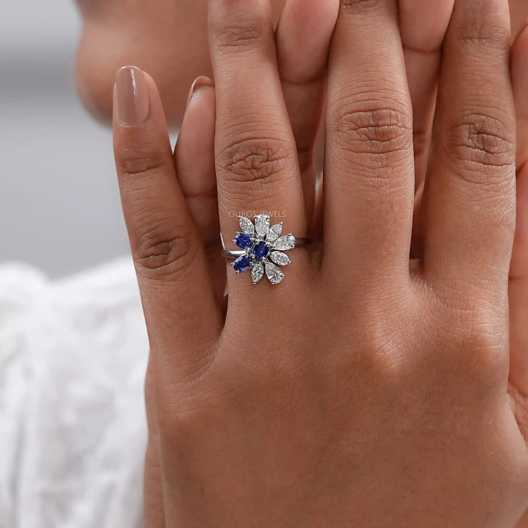 Sapphire Oval Gemstone Cluster Engagement Ring