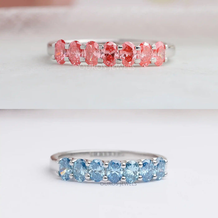 Pink and Blue Oval Seven Diamond Wedding Bands