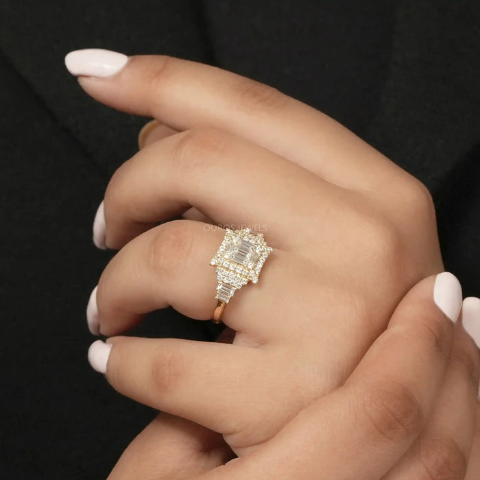 [A Women wearing Baguette and Round Diamond Engagement Ring]-[Ouros Jewels]