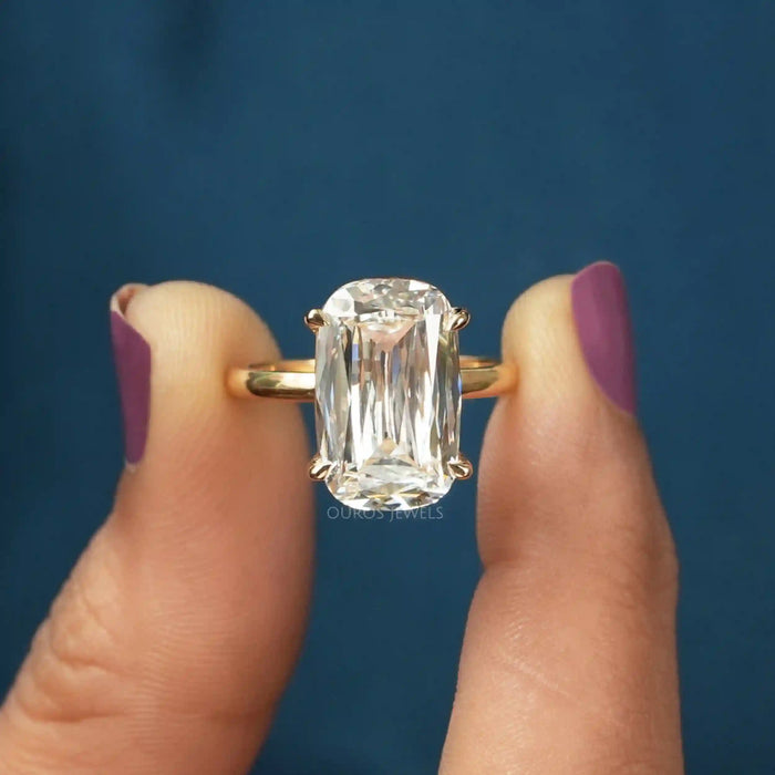 [A Women Holding Criss Cut Lab Diamond Solitaire Ring]-[Ouros Jewels]