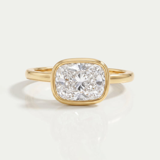 East West Cushion Diamond Bezel Set Solitaire Ring Rings