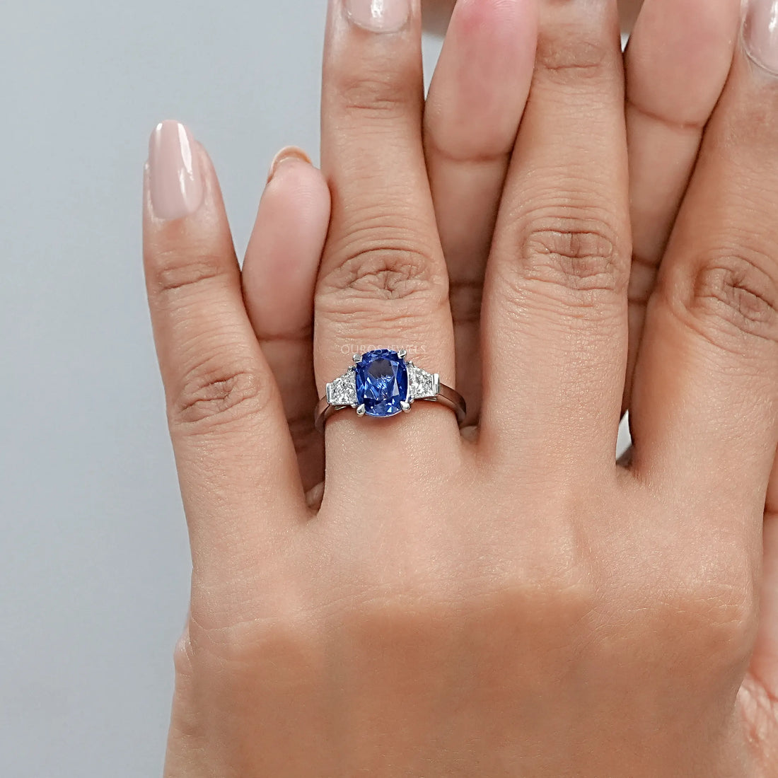 Sapphire Cushion Gemstone With Trapezoid Diamond Ring Rings