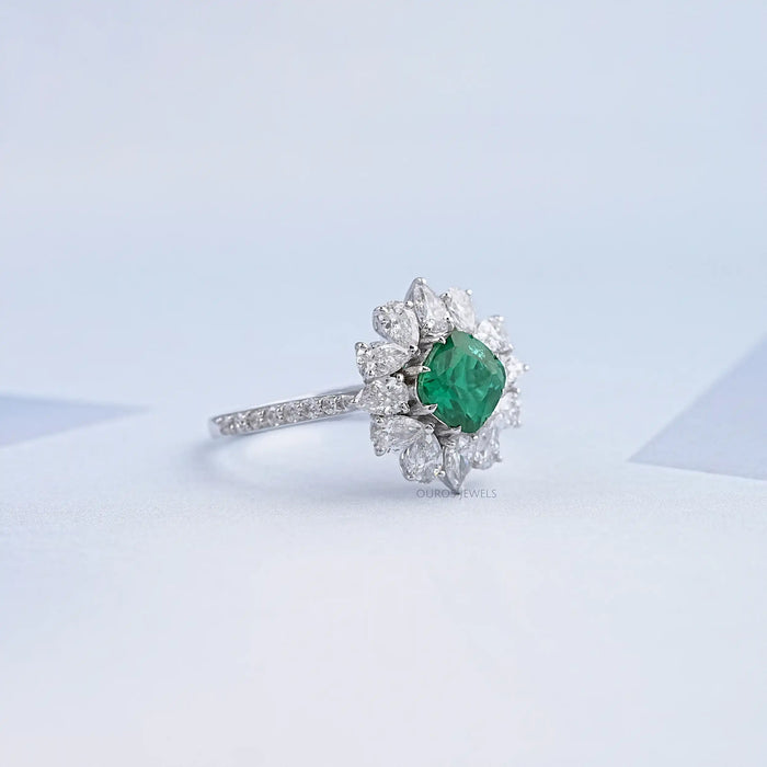 Green Cushion And Lab Diamond Halo Ring