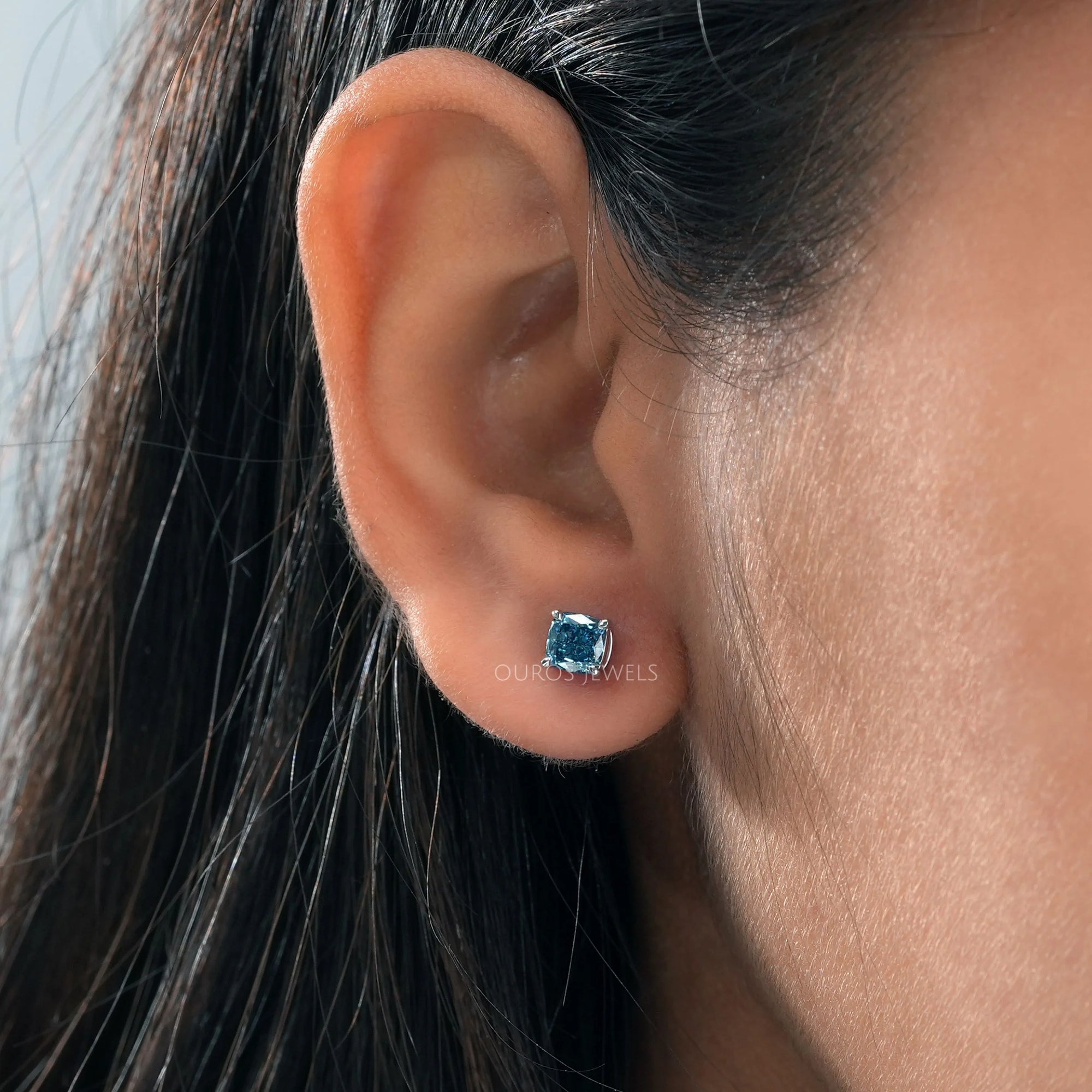 Blue Cushion Cut Lab Diamond Stud Earrings Earring