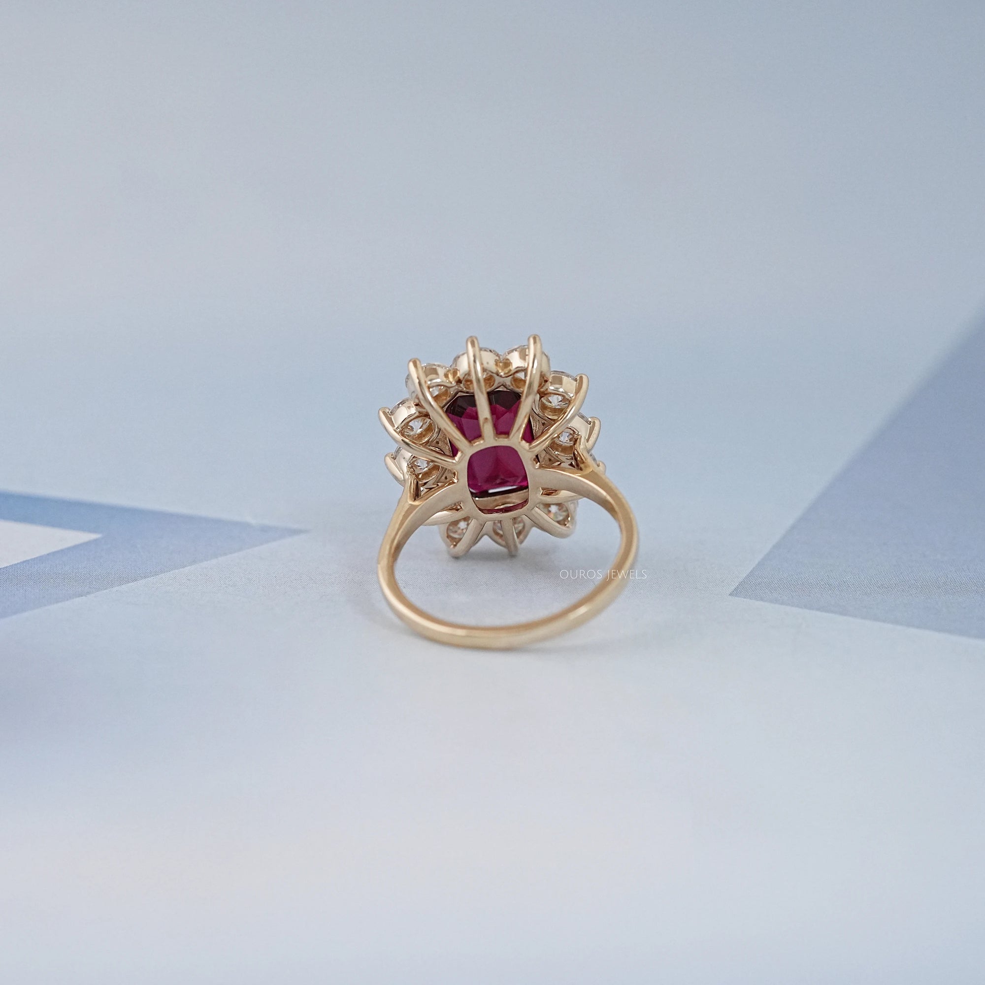 Ruby Elongated Cushion Gemstone Halo Diamond Ring Ring