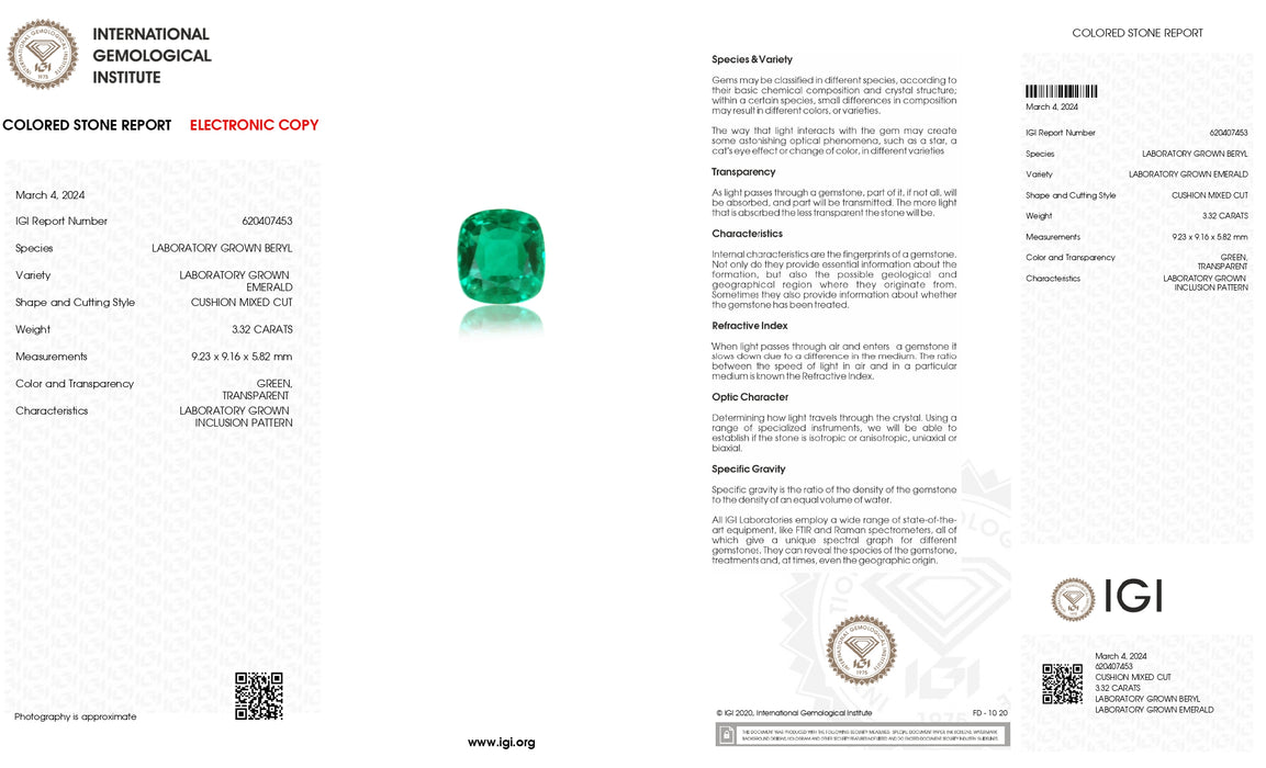 IGI Certified  Cushion Shape Colombian Emerald Gemstone