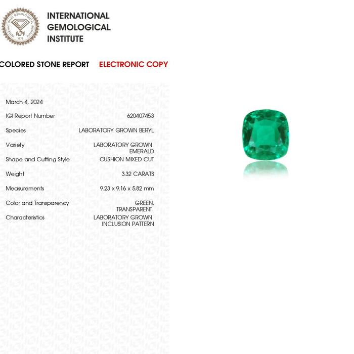 IGI Certified Cushion Shape Colombian Emerald Gemstone