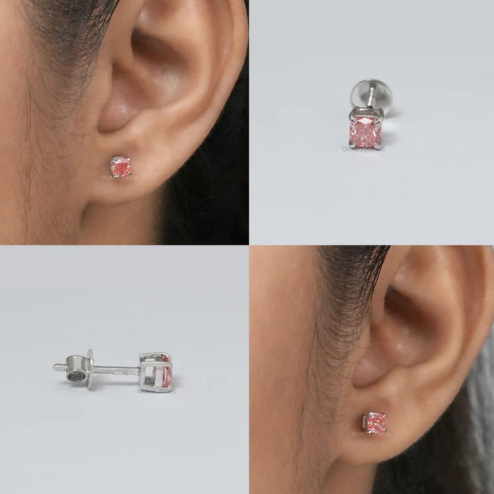Pink Cushion Cut Single Stud  Earring