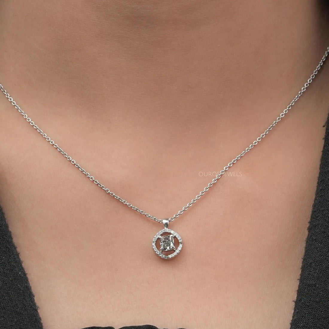 Fancy Olive Cushion Cut Halo Pendant Necklaces