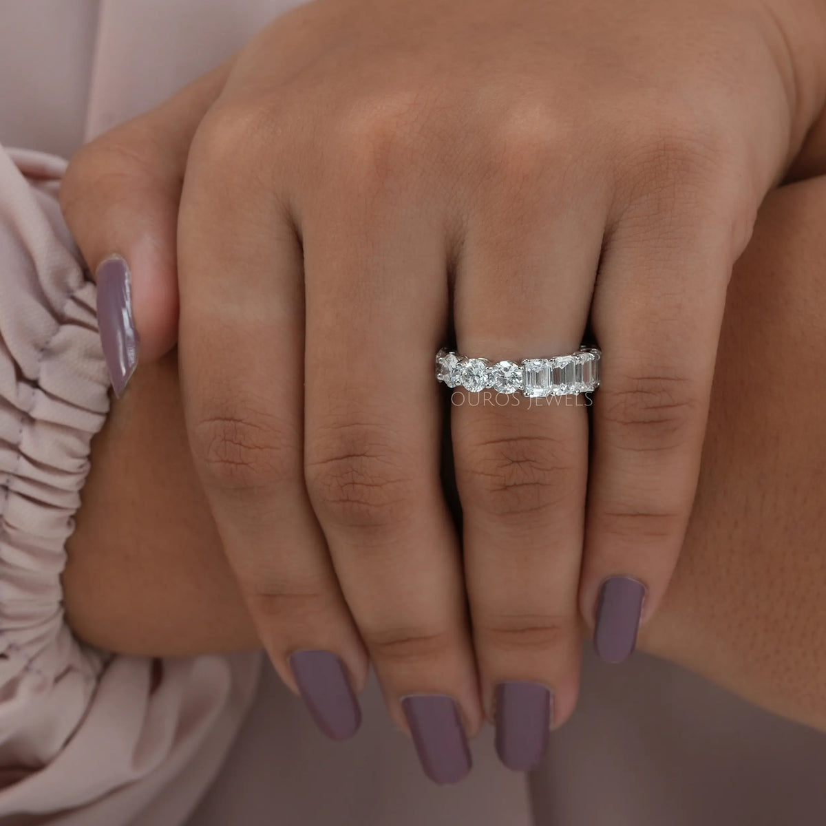 Emerald And Round Cut Diamond Eternity Wedding Band Ring