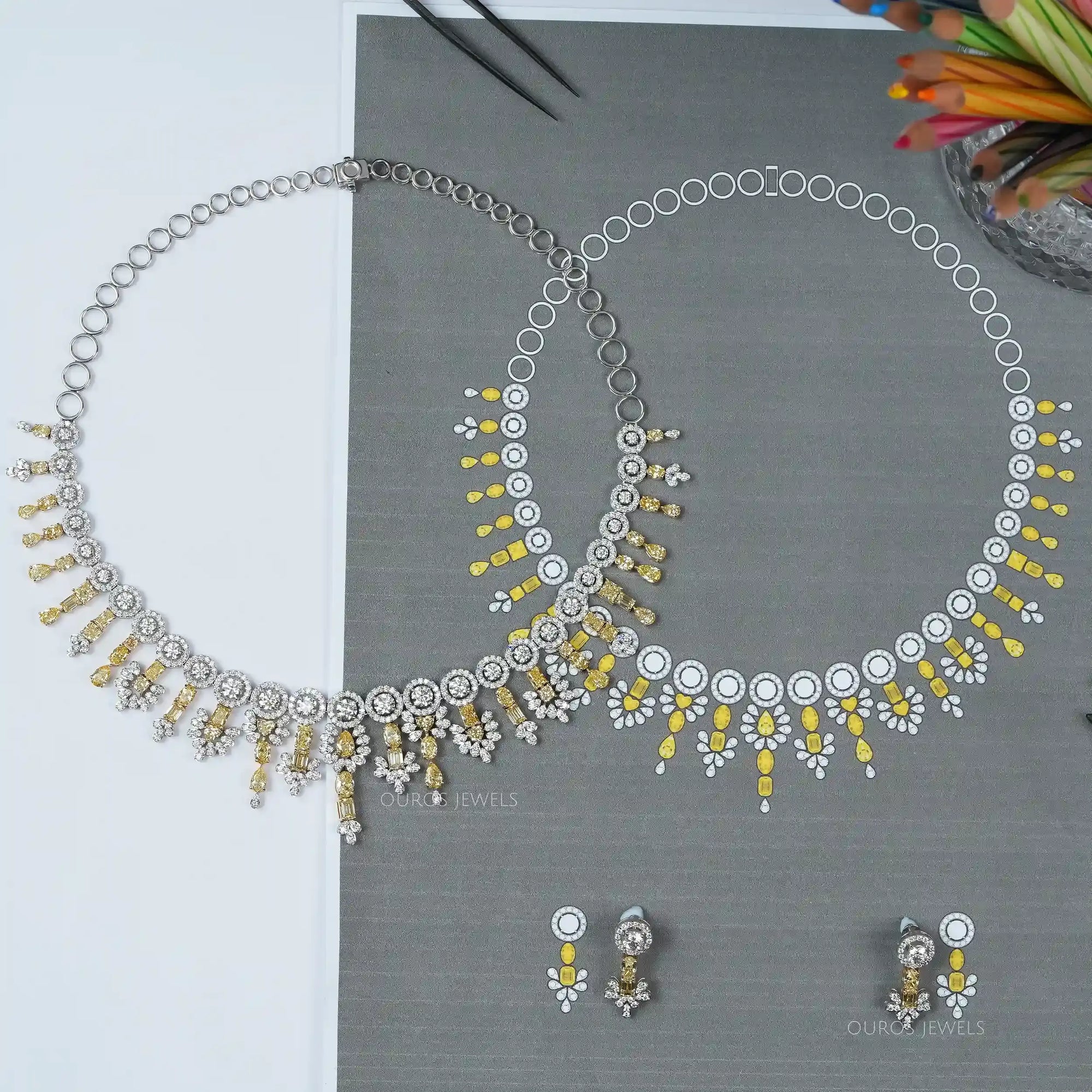 Yellow Multi Shape Lab Diamond Bridal Necklace Set Necklaces