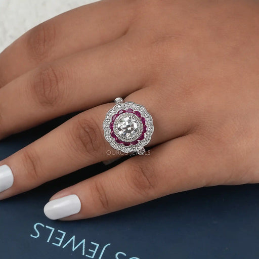 Old European Round Cut & Pink Halo Half Moon Gemstone Ring