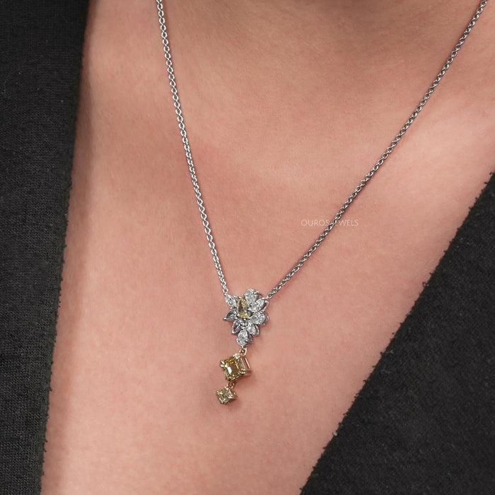 Yellow Asscher And Pear Diamond Cluster Pendant Necklaces