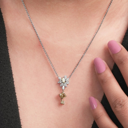 Yellow Asscher And Pear Diamond Cluster Pendant Necklaces