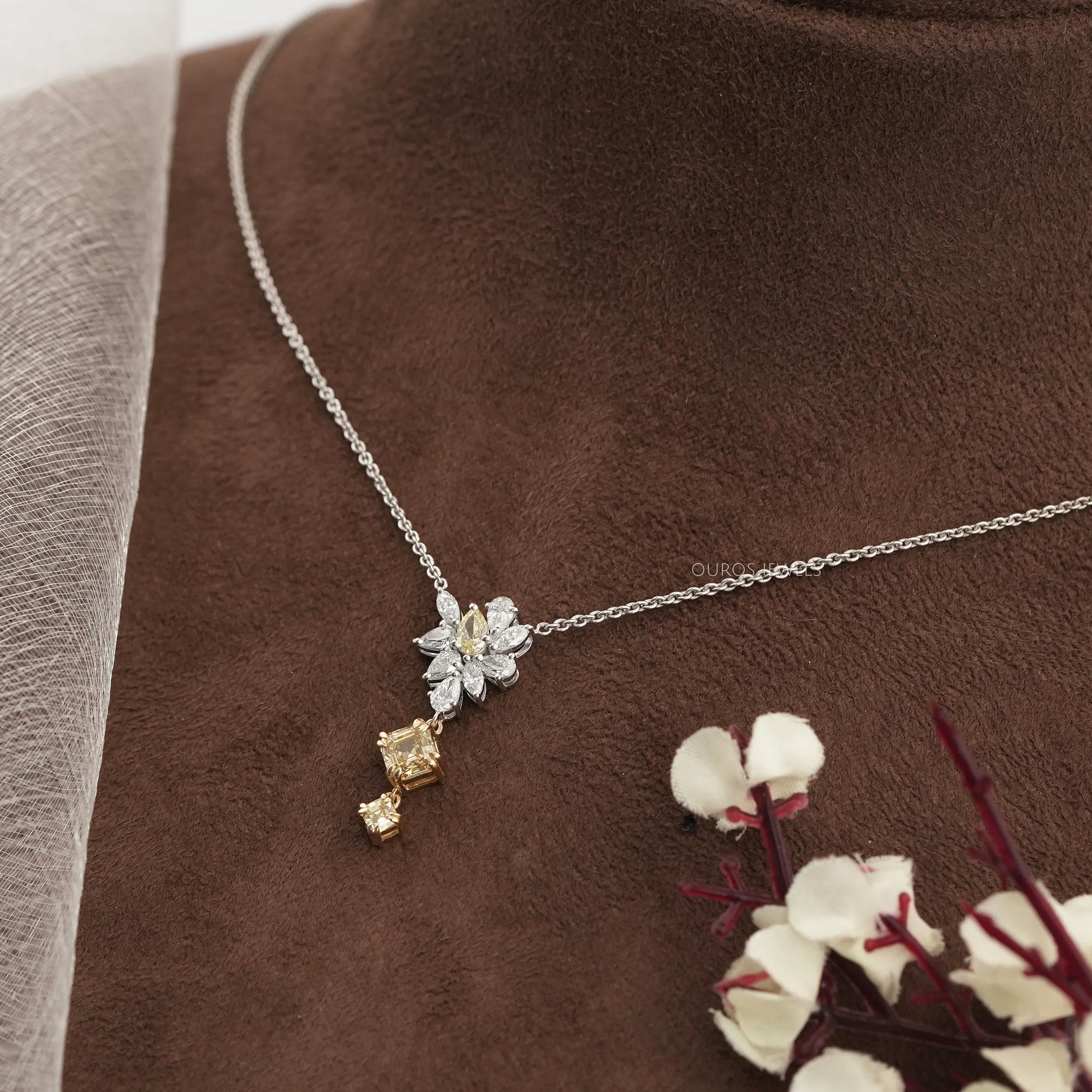 Yellow Asscher And Pear Diamond Cluster Pendant Necklaces