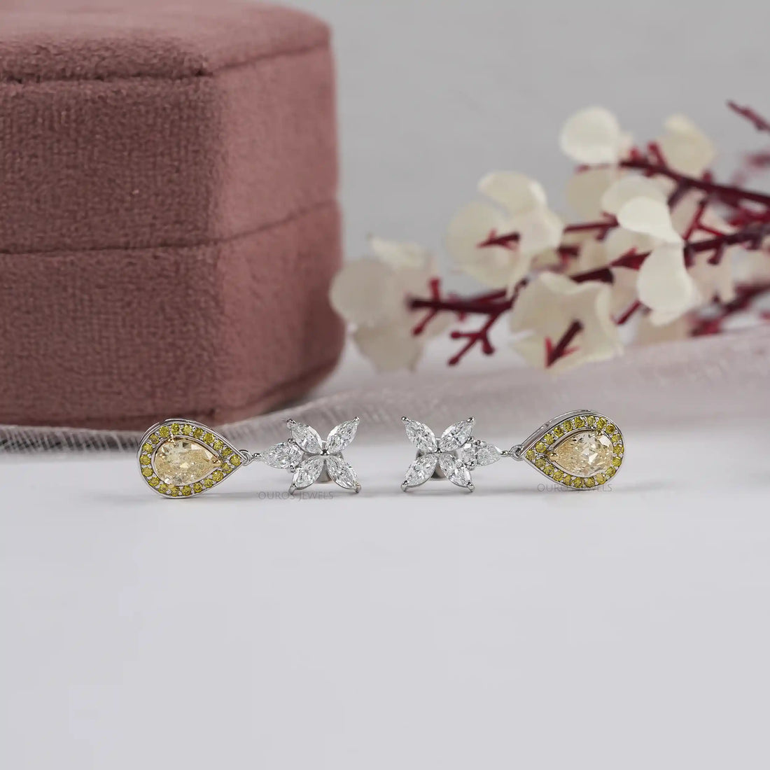 Yellow Pear Diamond Halo Drop Earrings Earrings
